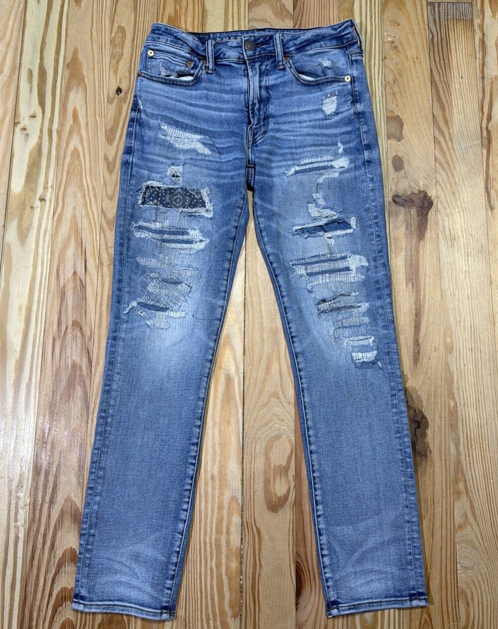 American Eagle Airflex 360 Slim Fit Bandana Patched Distressed Jeans Size 29x30